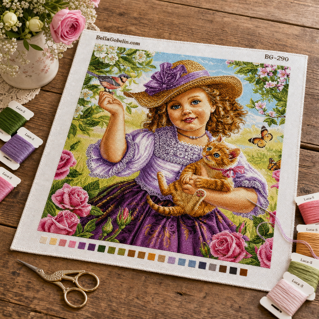 Little girl in the garden with a kitten