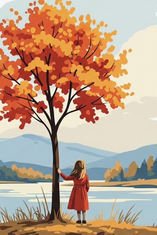 Little girl by the tree on a needlepoint tapestry