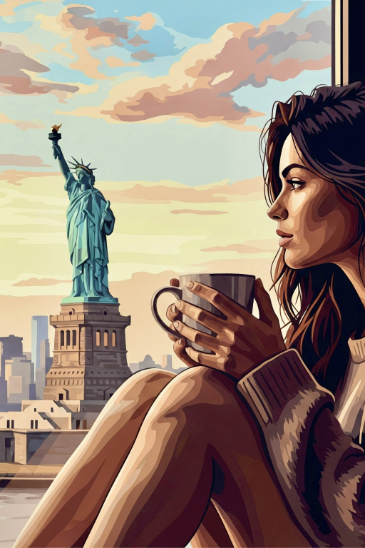 Portrait with coffee at the Statue of Liberty