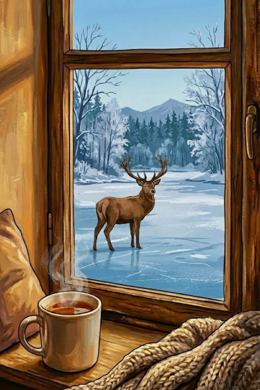 Warm indoors, cold outdoors — a painting of a deer.
