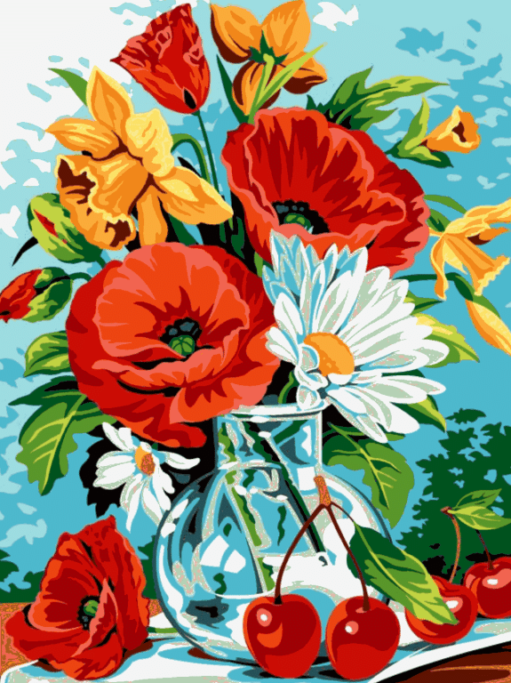 Flower still life with cherries