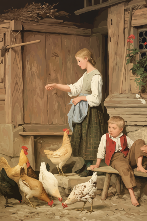 Albert Anker - Feeding Chickens Replica