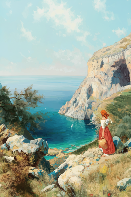 Mediterranean landscape with a woman in needlepoint tapestry