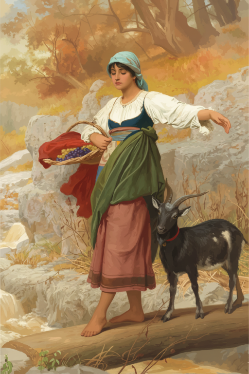 Girl with a goat by the creek