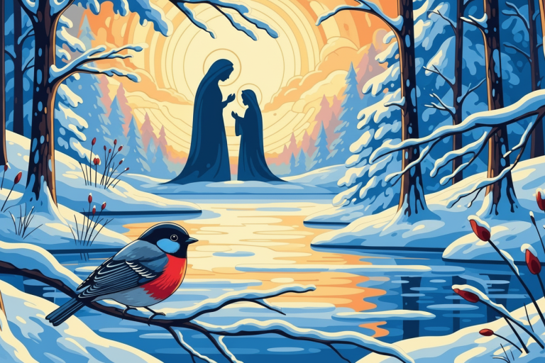 Winter landscape with a bird, printed on Zweigart canvas for embroidery or needlepoint.