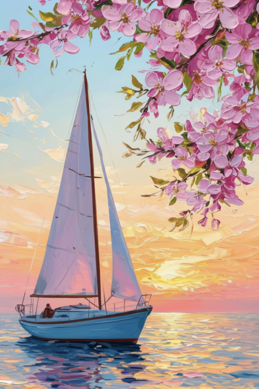 Sailboat with flowers at sunset