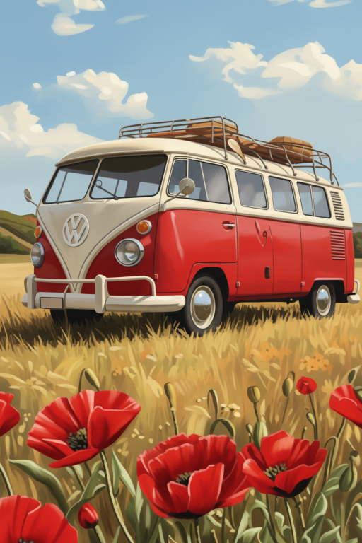 VW van in a poppy field