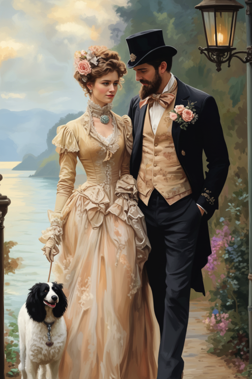 Romantic couple with a dog, embroidered tapestry design.