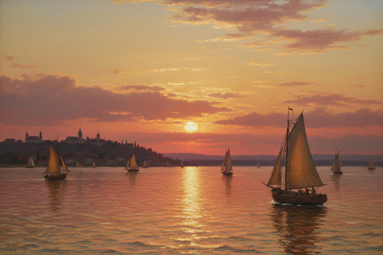 Dubovszkoj - Sunset with Sailing Ships Replica