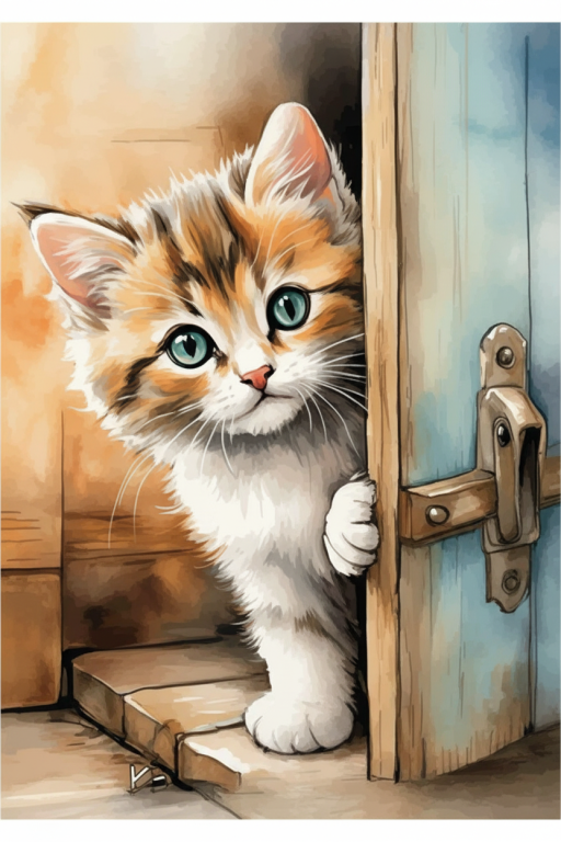 Kitten at the door on a needlepoint canvas