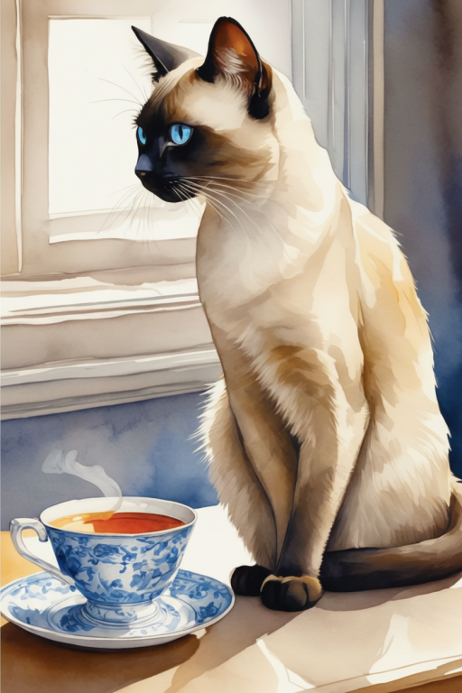 Siamese cat with tea