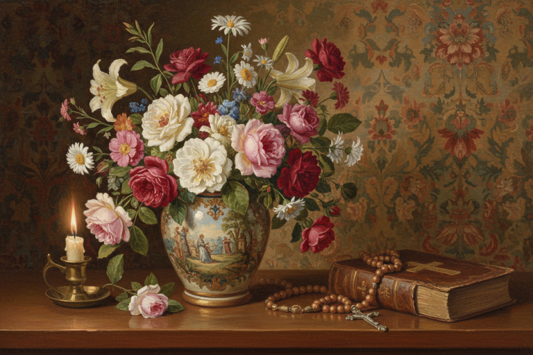 Flowers, candle, religious still life
