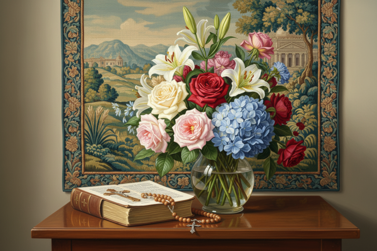 Still life with flowers and book