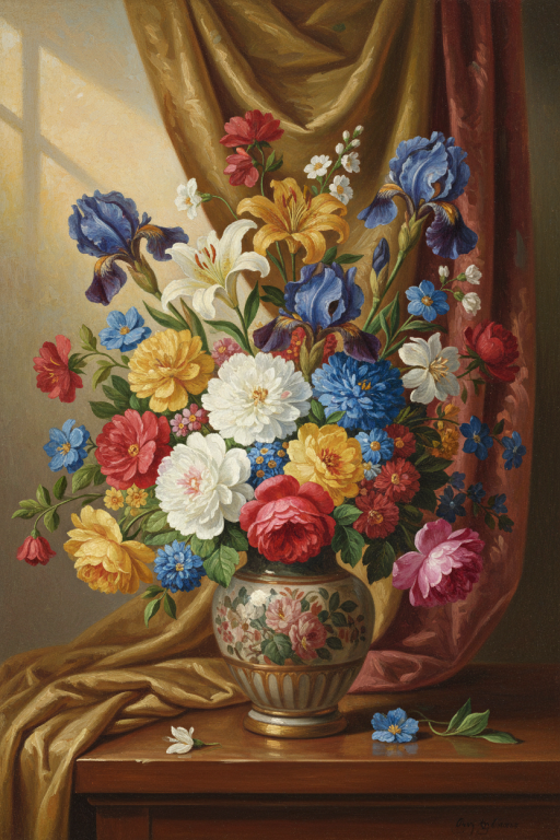 Still life with flowers and drapery