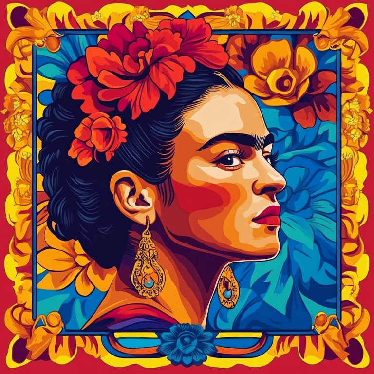 Frida Kahlo portrait in the style of Alphonse Mucha.