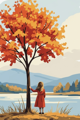 Little girl by the tree on a needlepoint tapestry