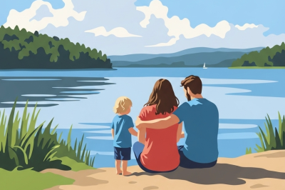 Family atmosphere by the lake with a needlepoint tapestry