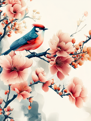 Chinese style: small bird on a flowering branch