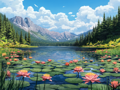 Lotus flowers in the mountain lake