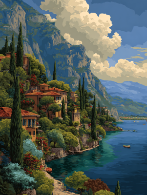 House on the rocky cliff with cypress trees