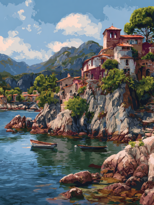 Houses on the rocky cliff - needlepoint tapestry