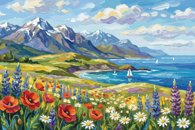 Spring Moment with Mountains and a Seaside Tapestry