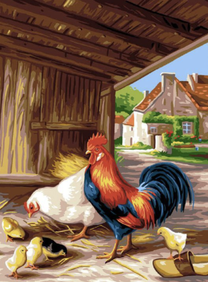 The rooster, the hen, and the chicks