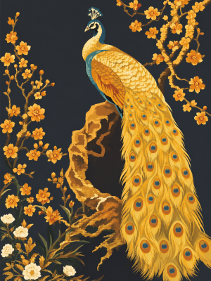 Golden peacock on blooming branches