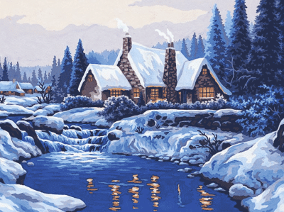 Snowy landscape by the mountain house