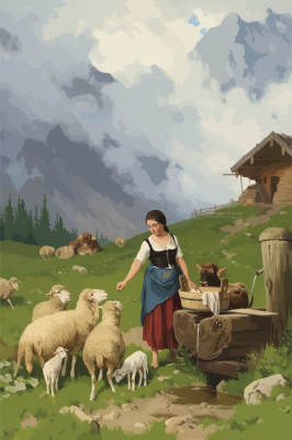 Alpine landscape with a washerwoman arranged as a needlepoint tapestry