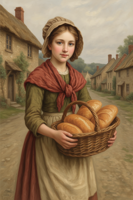 Girl with bread in a rural landscape