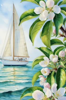 Sailing boat with floral details on a seaside landscape