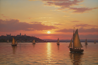 Dubovszkoj - Sunset with Sailing Ships Replica