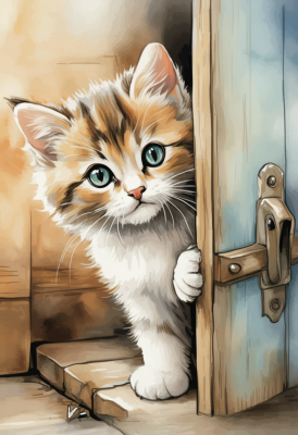 Kitten at the door on a needlepoint canvas