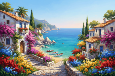 Mediterranean seaside houses with flowers
