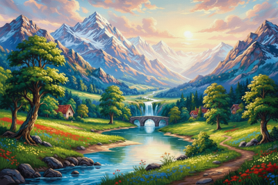 Mountain landscape with waterfall