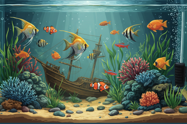 Aquarium with shipwreck gobelin