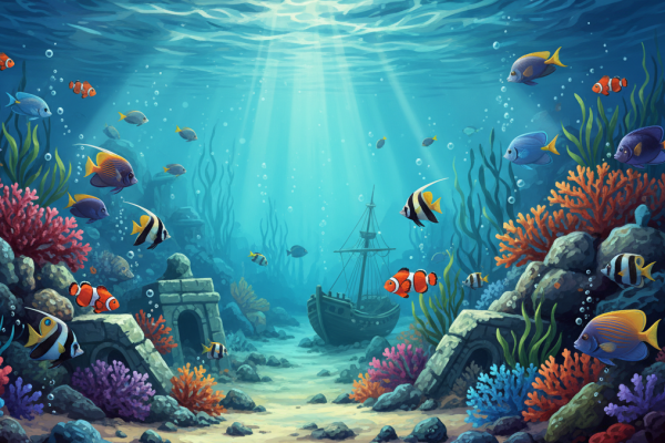 Marine life with shipwreck