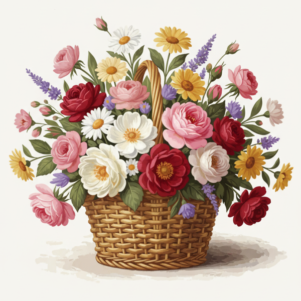 Flower basket with roses and daisies