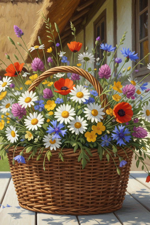Flower basket in front of a country house