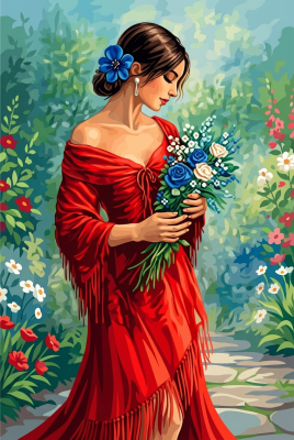 Lady in red dress with flowers