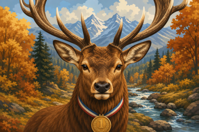 Golden medal stag in autumn landscape