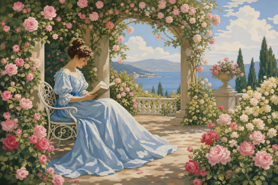 Lady reading under the rose arbor