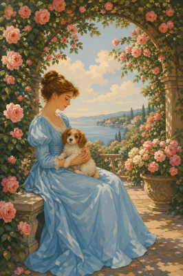 Lady with a puppy under a rose arbor
