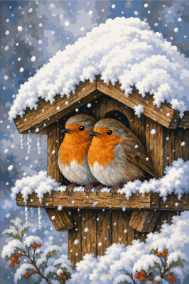 Redbreasts hiding in the snow