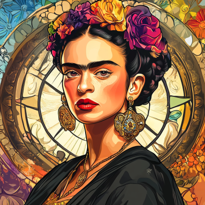Frida Kahlo portrait in the style of Alphonse Mucha.