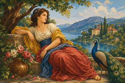 Lady with a peacock by the lakeshore