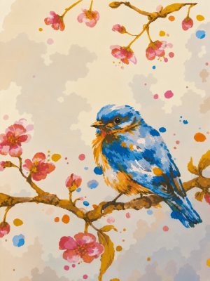 Blue bird on a blooming branch