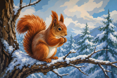 Squirrel on a snowy branch