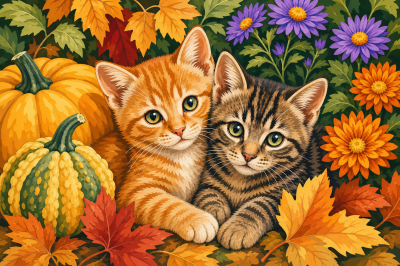 Autumn kittens among pumpkins